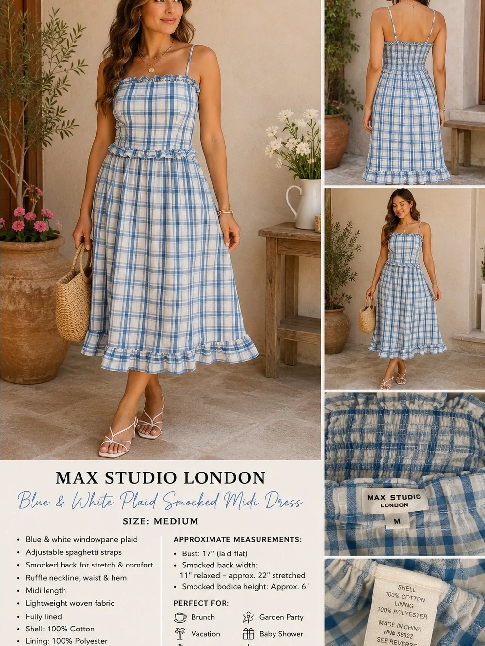 Max Studio Blue & White Plaid Ruffle Midi Dress - Picture 2 of 11